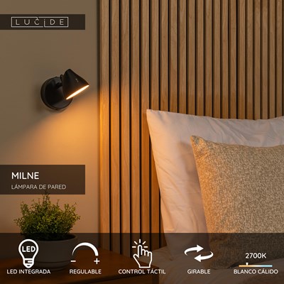 Lucide MILNE - Lámpara de pared - LED Regul. - 1x8W 2700K - Negro
